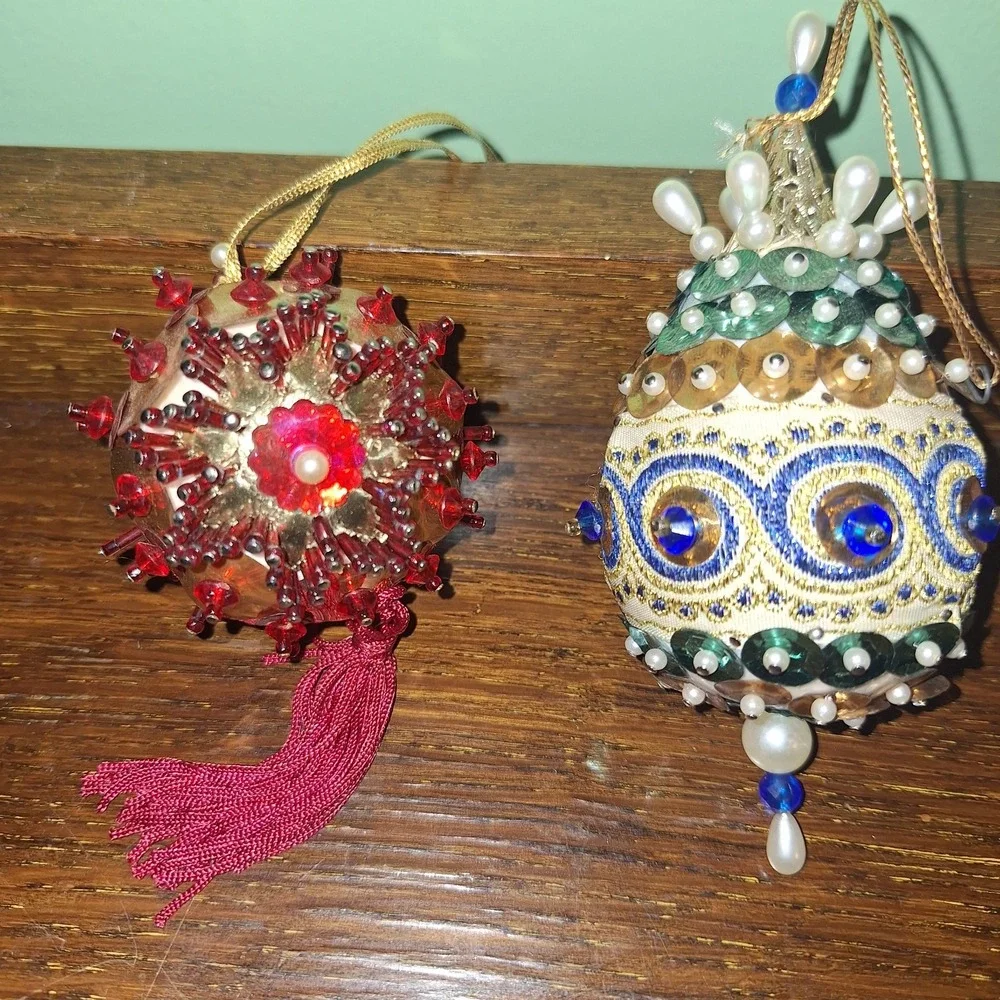 Beaded Satin Sequin Push Pin Ornament Red Ball White Blue Egg Vintage Christmas